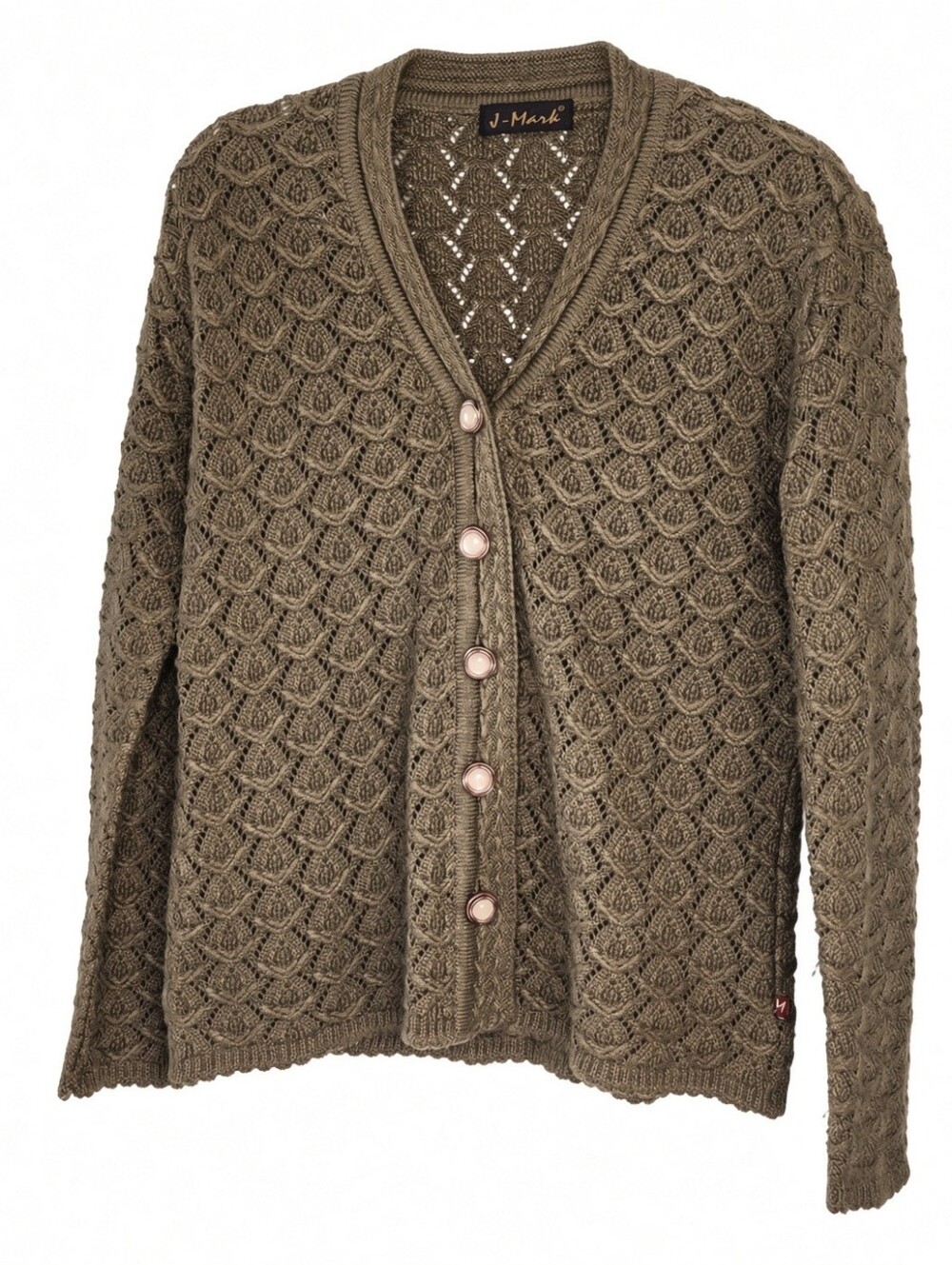 VIntage olive-brown J-Mark button-front cardigan featuring an intricate texture
